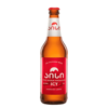 fľaša gruzínskeho plynovaného piva s červenou etiketou označenou ako gruzínske pivo ICY