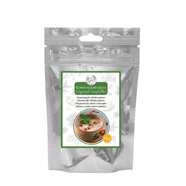 Strieborné balenie s gruzínskym korením na prípravu kuracieho jedla Satsivi, typický gruzínsky produkt s farebným obrázkom misy s jedlom na prednej strane