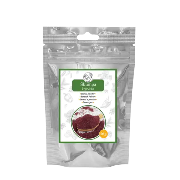 balenie gruzínskeho škoricového korenia Škumpa v práškovej forme o hmotnosti 50 g