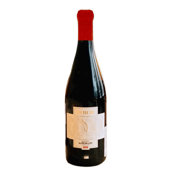 Gruzínské Prémiové SaperaviTmavá fľaša červeného vína so štítkom BEBERI VINEYARDS a červenou pečaťou na hrdle