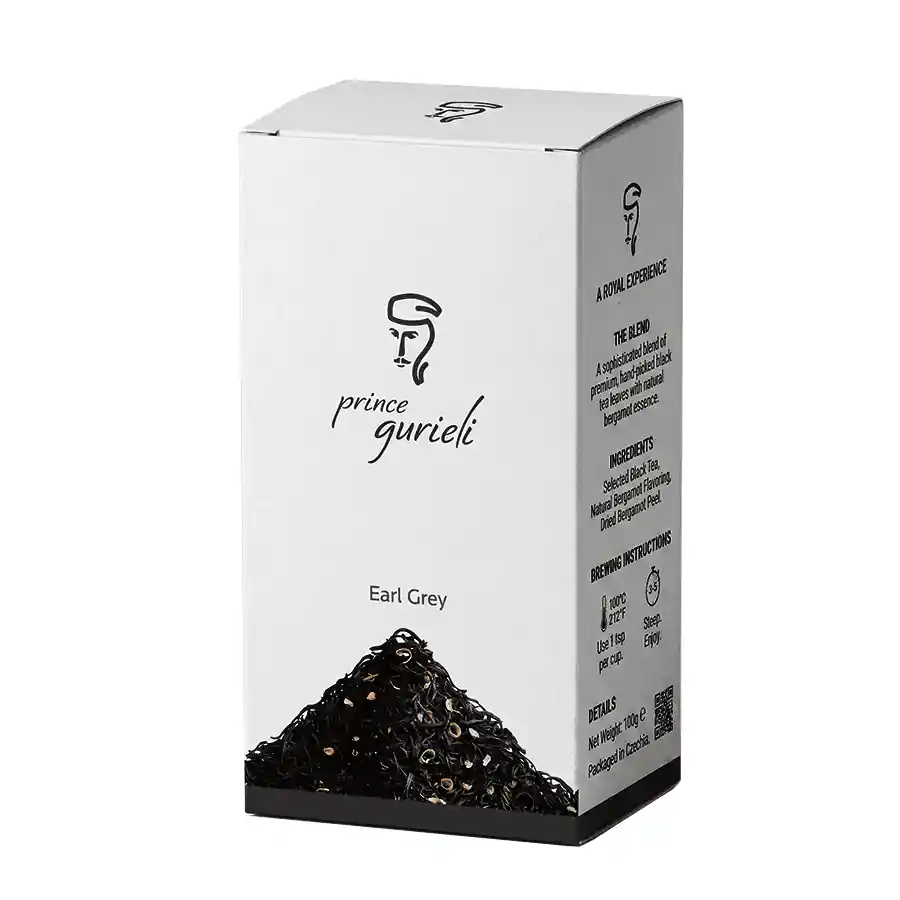 Prince Gurieli Earl Grey – sypaný čierny čaj – 80 g. Prémiový gruzínsky čierny čaj Prince Gurieli Earl Grey. Ručne zbieraný first flush z horských plantáží s jemnou vôňou bergamotu. Objavte špičkovú kvalitu a tradíciu Gruzínska. Prince-Gurieli-Earl-Grey-cerny-sypany-80g