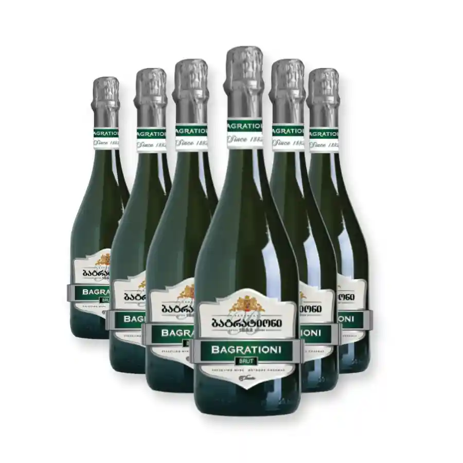 6x Bagrationi Brut Classic biele suché šumivé víno Šesť fliaš suchého šumivého vína Bagrationi Brut Classic, gruzínskej klasiky s tradíciou od roku 1882. Živé, elegantné víno s tónmi zeleného jablka a citrusov je univerzálnym spoločníkom od aperitívu po slávnostný prípitok. Ideálna zásoba pre milovníkov suchých sektov. Šest lahví bílého suchého šumivého vína Bagrationi Brut Classic