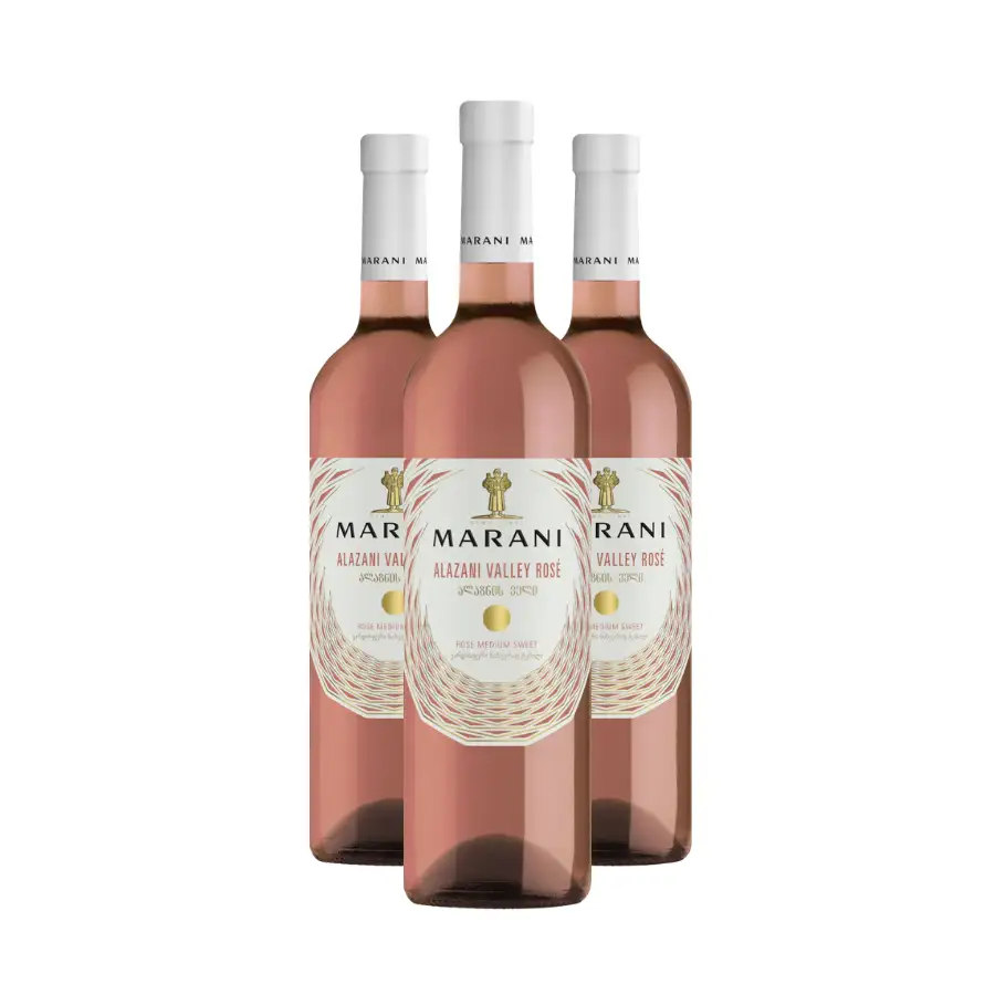 3x Marani ROSE ALAZANI VALLEY - polosladké víno Tri fľaše Alazani Valley Rose — ideálny formát na prvé zoznámenie s elegantným polosladkým rosé zo 100% odrody Saperavi. Sviežа ovocná chuť s vyváženou sladkosťou na letné posedenie. 3x Marani ROSE ALAZANI VALLEY - polosladké víno