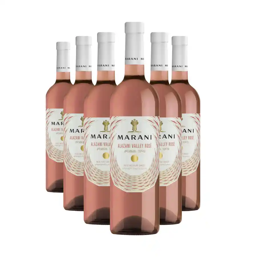 6x Marani ROSE ALAZANI VALLEY - polosladké víno Šesť fliaš ružového polosladkého vína Alazani Valley Rose zo 100% odrody Saperavi zo slávneho údolia rieky Alazani. Elegantná svetlo ružová farba, svieža vôňa lesných jahôd a červených ríbezlí. Vyvážená sladkosť s osviežujúcou kyslosťou. Šest lahví polosladkého růžového vína Marani Rose Alazani Valley