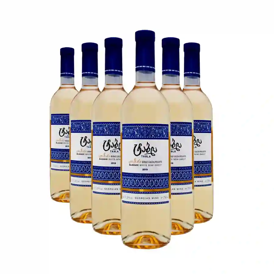 6x Tabla Alazani Valley biele polosladké víno Šesť fliaš Tabla Alazani Valley – tradičného gruzínskeho polosladkého bieleho vína s 12 % alkoholu z odrody Rkatsiteli. Svetlá slamová farba, svieža vyvážená chuť s tónmi marhúľ a zelených jabĺk. Zásoba pre milovníkov jemne sladkých vín na každý deň. Šest lahví bílého polosladkého vína Tabla Alazani Valley