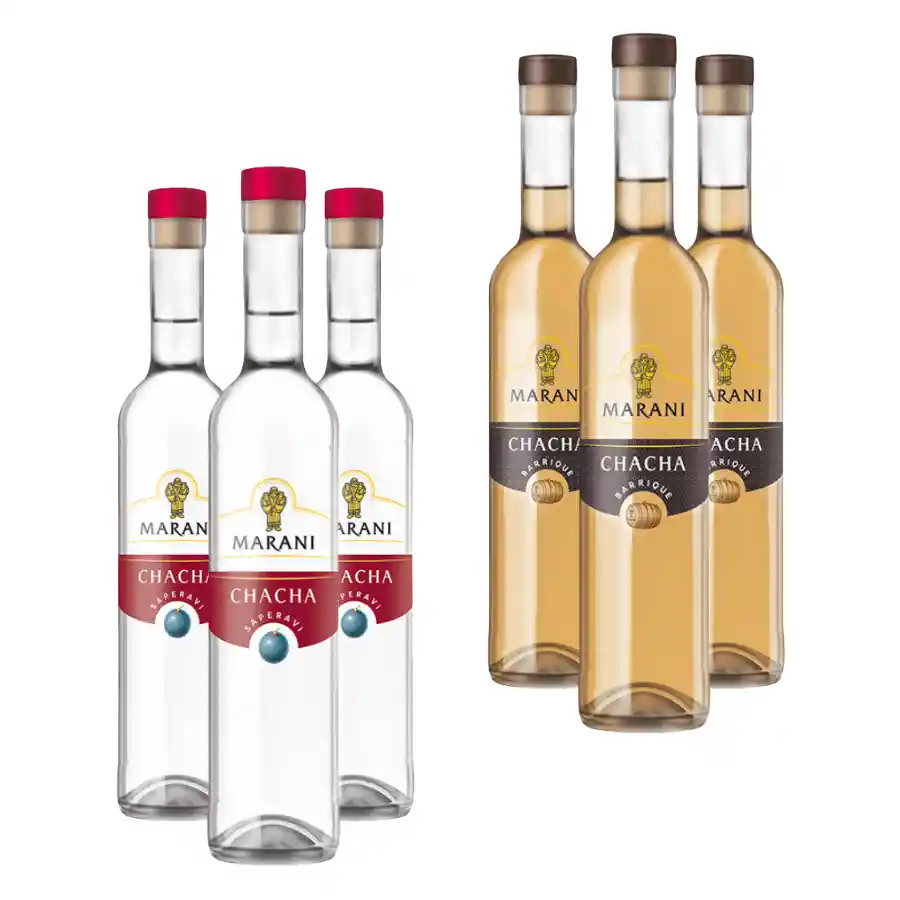 Mix sada – 3× Marani ČAČA Saperavi + 3× Marani ČAČA z dubového suda Šesť fliaš gruzínskej čači v dvoch štýloch z rovnakej destilérie – tri fľaše Marani ČAČA Saperavi, klasickej čírej čači zo 100% odrody Saperavi, a tri fľaše Marani ČAČA z dubového suda, zrejúcej 6 mesiacov v dube. Mix sada – 3× Marani ČAČA Saperavi + 3× Marani ČAČA z dubového suda