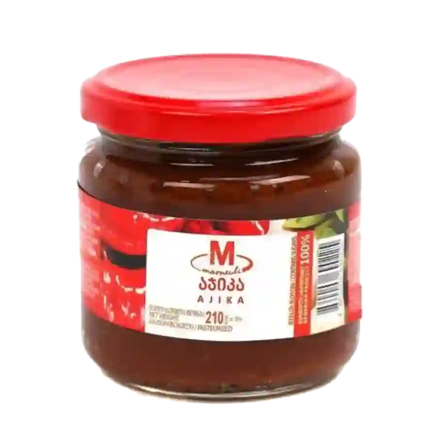 Marneuli Adžika červená – 210 g Pikantná, hustá pasta z červených paprík a korenia, ktorú majú Gruzínci doma prakticky vždy poruke. Adžika Marneuli je žiarivo červená, výrazne korenistá a s príjemnou nakyslou hĺbkou chuti, ktorú okamžite spoznáte ako „tú pravú". Marneuli Adžika červená – 210 g