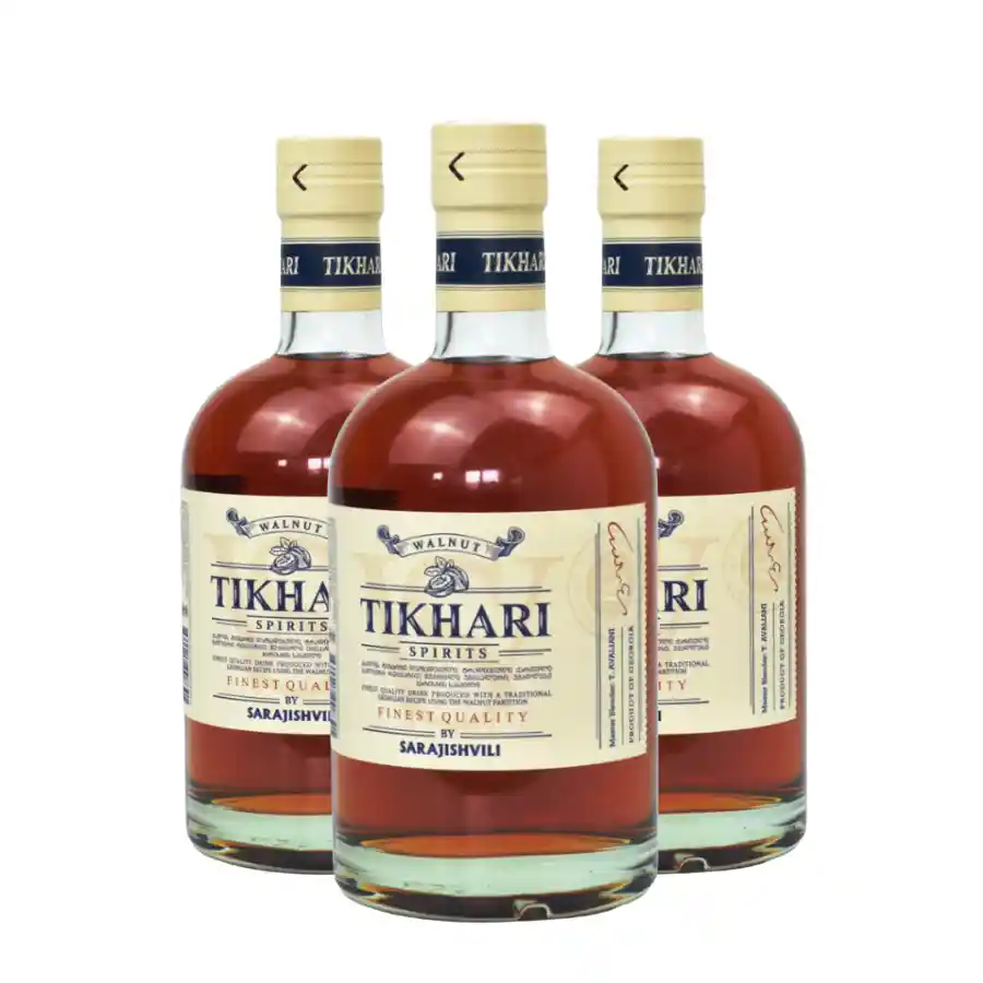 3x Sarajishvili TIKHARI – ořechová brandy Tri fľaše Sarajishvili TIKHARI, 0,5 l – výnimočná orechová brandy, ktorá chutí ako zrelý koňak s jemným nádychom vlašských orechov. 3x Sarajishvili TIKHARI – ořechová brandy
