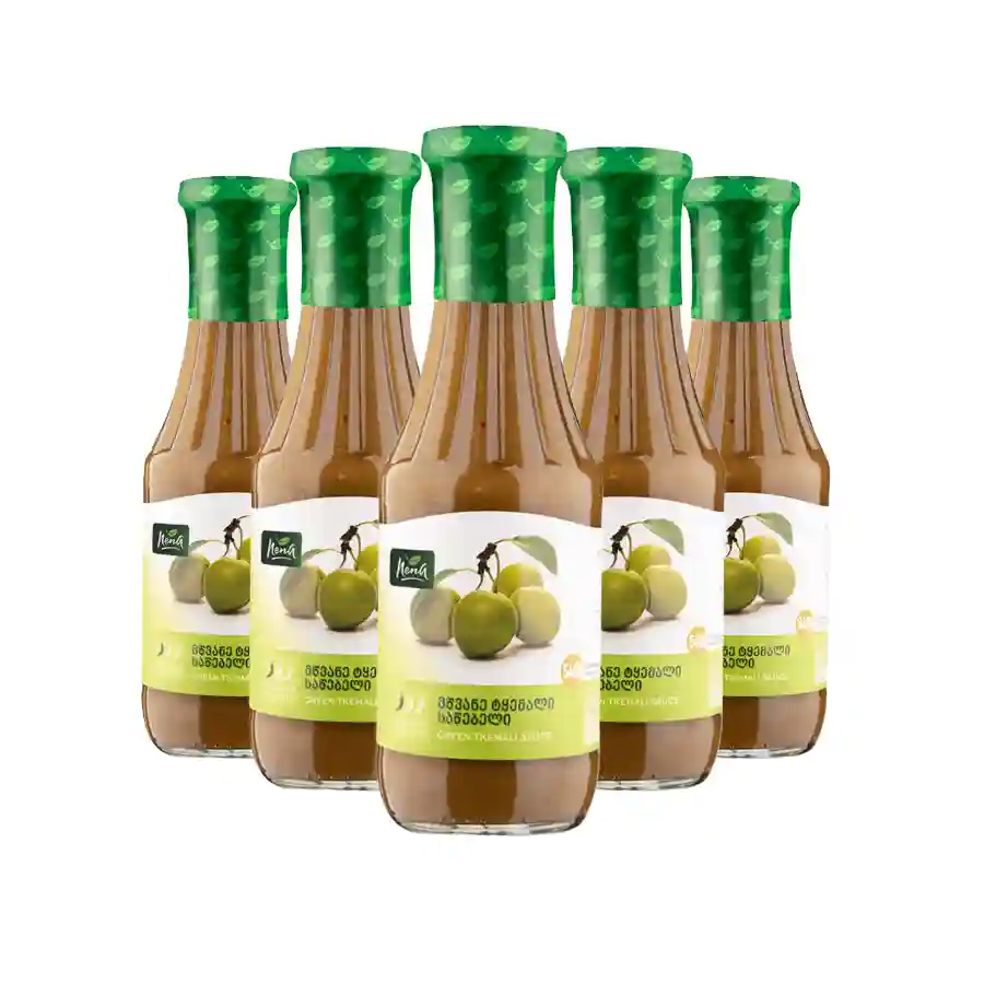 5x Nena - Tkemali zelené Päť fliaš obľúbenej gruzínskej slivkovej omáčky Nena Tkemali zelené, 540 ml v každej fľaši – ideálna zásoba na dlhé mesiace dopredu. 5x Nena - Tkemali zelené