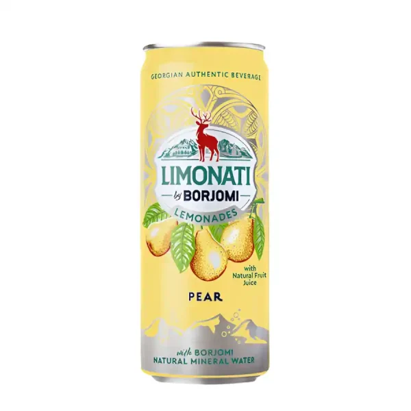 Glass of iced pear lemonade garnished with a pear slice