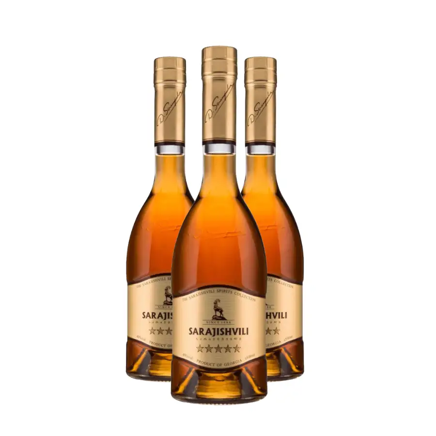 3x Sarajishvili 5ročný gruziňák Tri fľaše Sarajishvili 5-ročnej brandy, 0,5 l – klasického gruzínskeho koňaku od najstaršej a najznámejšej gruzínskej značky. 3x Sarajishvili 5ročný gruziňák