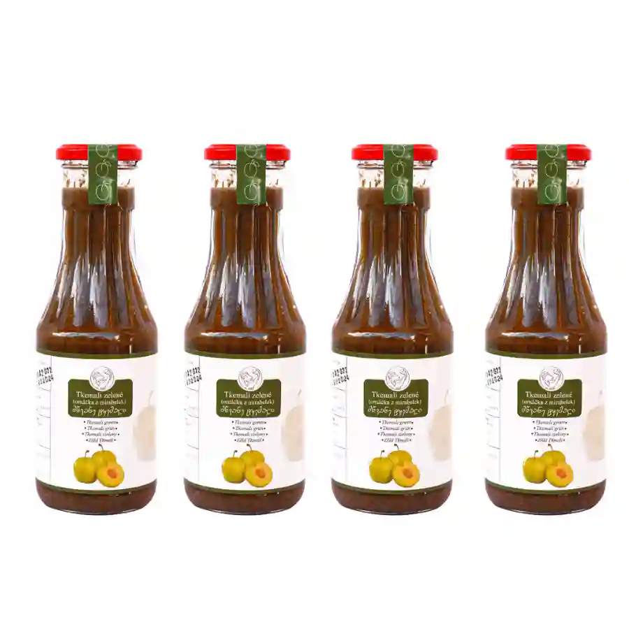 4x Tkemali zelené - 370 ml. Sada štyroch rovnakých fliaš Tkemali zeleného – svieže a výrazne kyslej varianty tradičnej gruzínskej slivkovej omáčky. 4x Tkemali zelené - 370 ml.